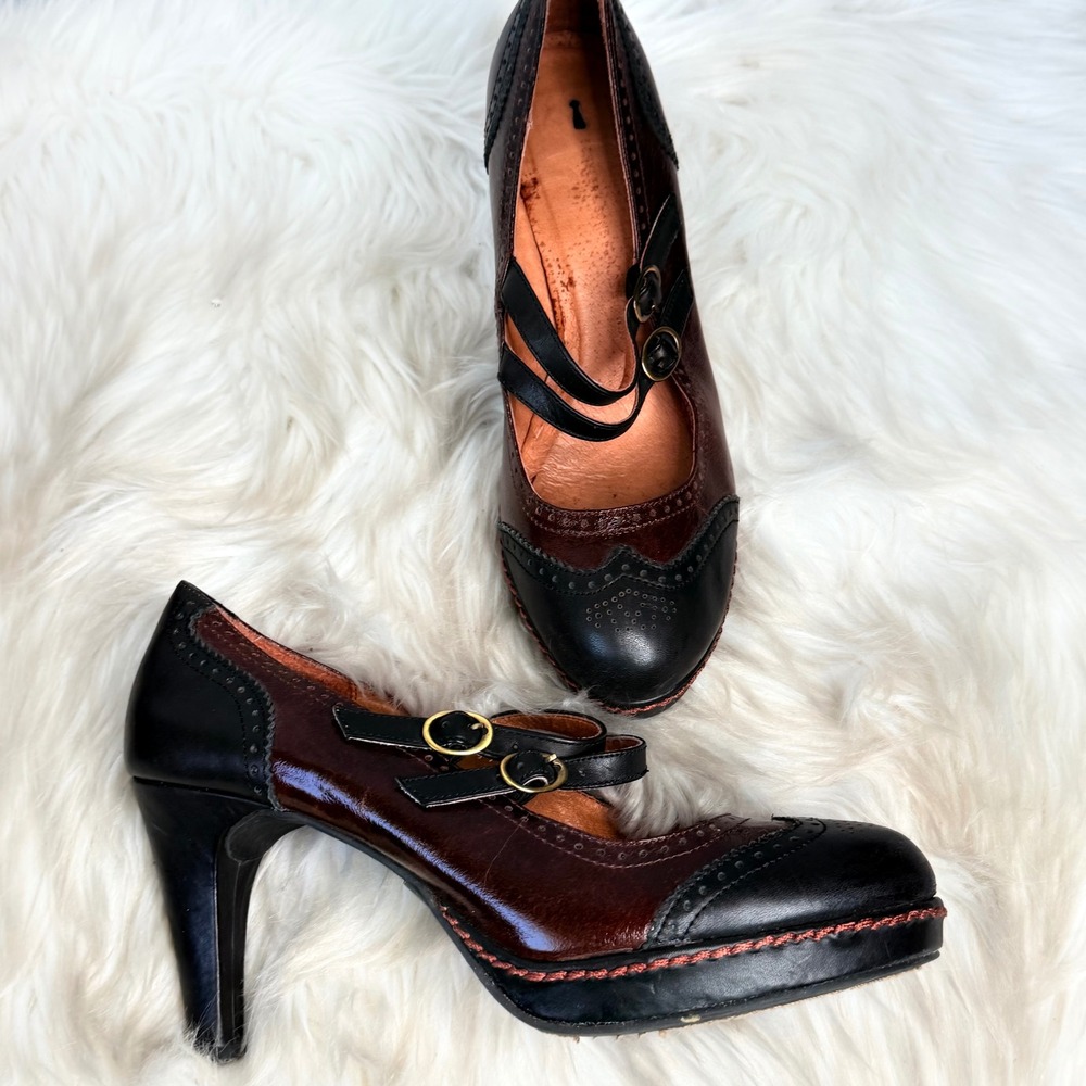 Anthro Schuler & Sons Burgundy Black Wingtip Mary Jane Heel Strappy Platform